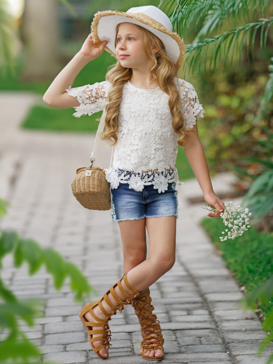 Kids Spring Clothes Girls Eyelet Lace Top Lined Denim Shorts