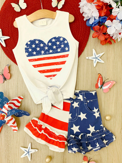 Girls 4th of July Outfits | US Heart Knot Hem Top & Denim Shorts Set