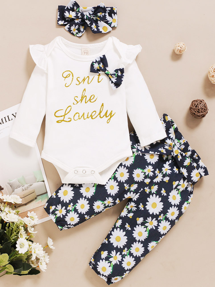 Baby "Isn't She Lovely" Onesie with Floral Pants and Matching Headband Set