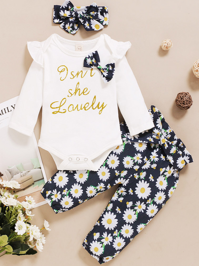 Baby "Isn't She Lovely" Onesie with Floral Pants and Matching Headband Set