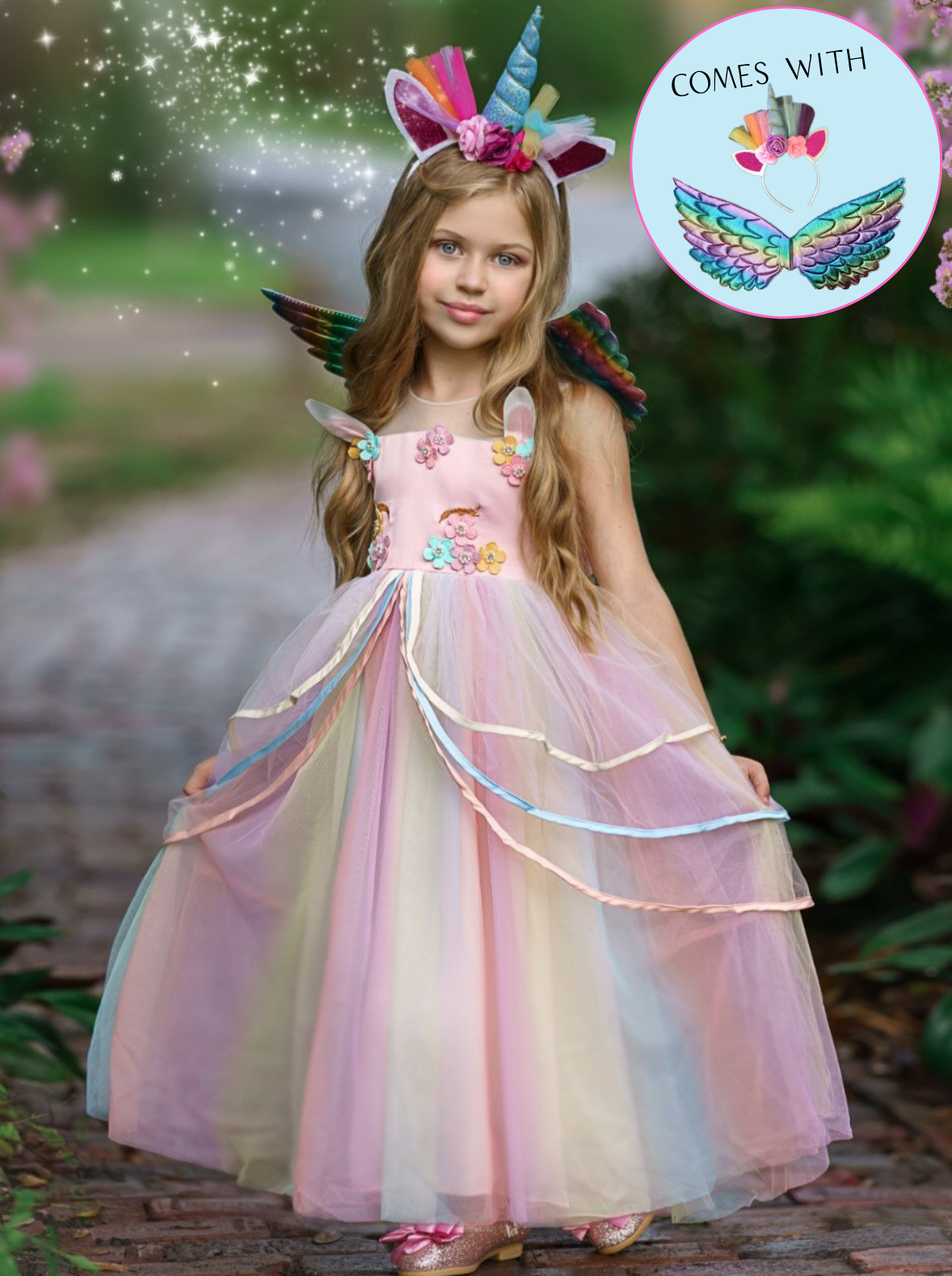Girls Rainbow Unicorn Princess Tulle Dress, Wings And Headband Set