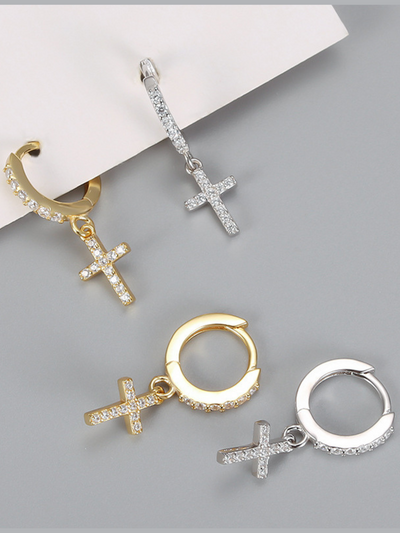 Girls Formal Accessories | Silver & Gold Bejeweled Cross Drop Earrings