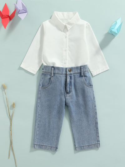 Mia Belle Girls White Shirt & Denim Jeans Set | Girls Casual
