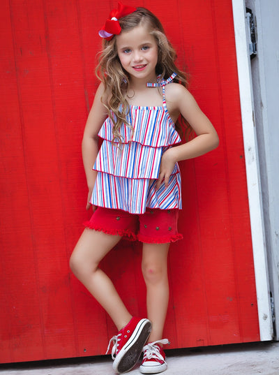Girls Tiered Halter Top And Frayed Denim Shorts Set | 4th of July