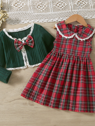 Mia Belle Girls Plaid Dress & Knit Cardigan Set | Girls Winter Outfits