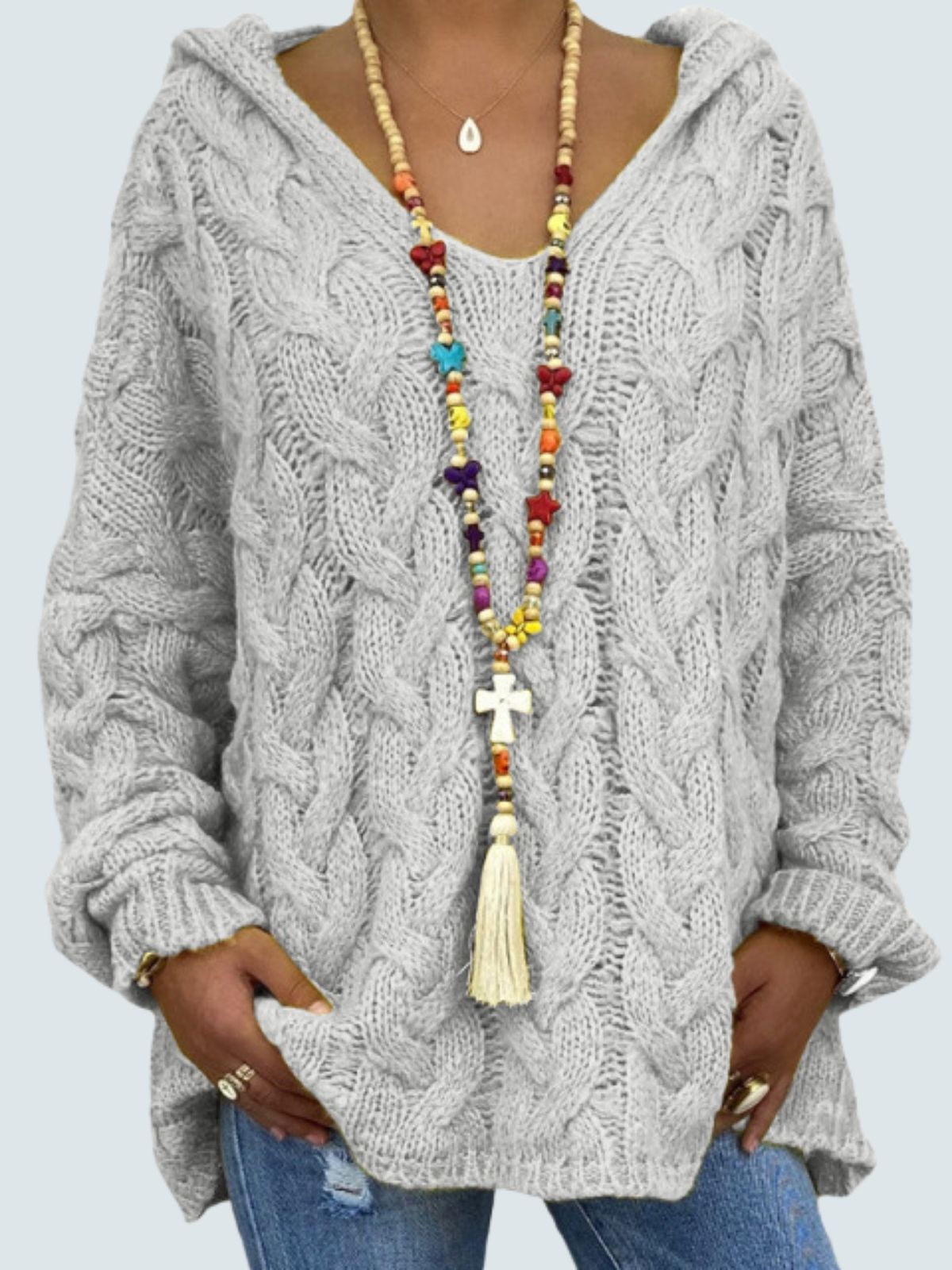 Women's Braid Knit Long Sleeve Hooded Sweater Ivory