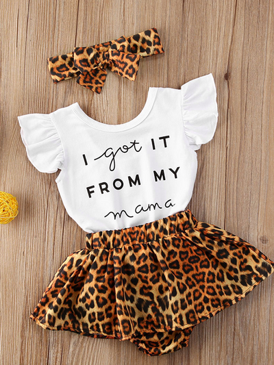 Baby set features a ruffled top with an " I got it from my Mama" print onesie and leopard skirted bloomers with a headband