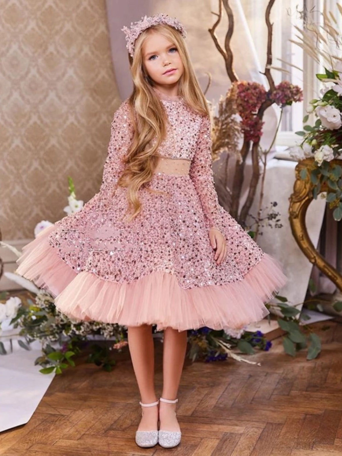 Little Girls Formal Dresses  Pink Long Sleeve Sequin Princess