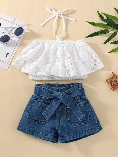 Mia Belle Girls Lace Top And Paperbag Short Set | Girls Spring Outfits