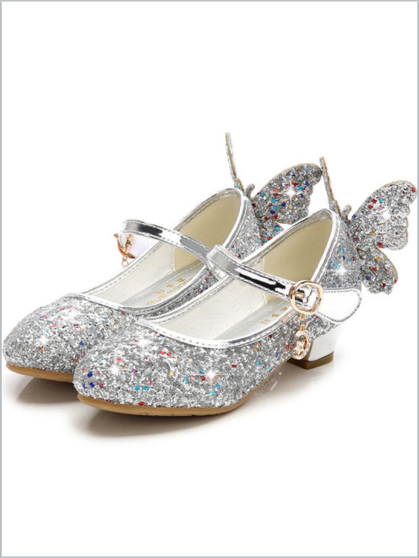 Girls Glitter Butterfly Mary Jane Mini Heels By Liv and Mia - Silver