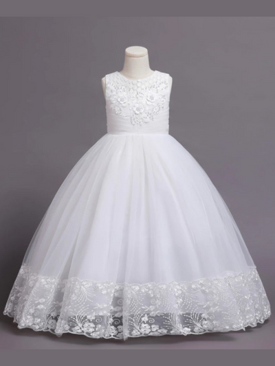 Girls Communion Dresses | White Sleeveless Lace Embroidered Hem Gown
