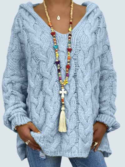 Women's Braid Knit Long Sleeve Hooded Sweater Aqua