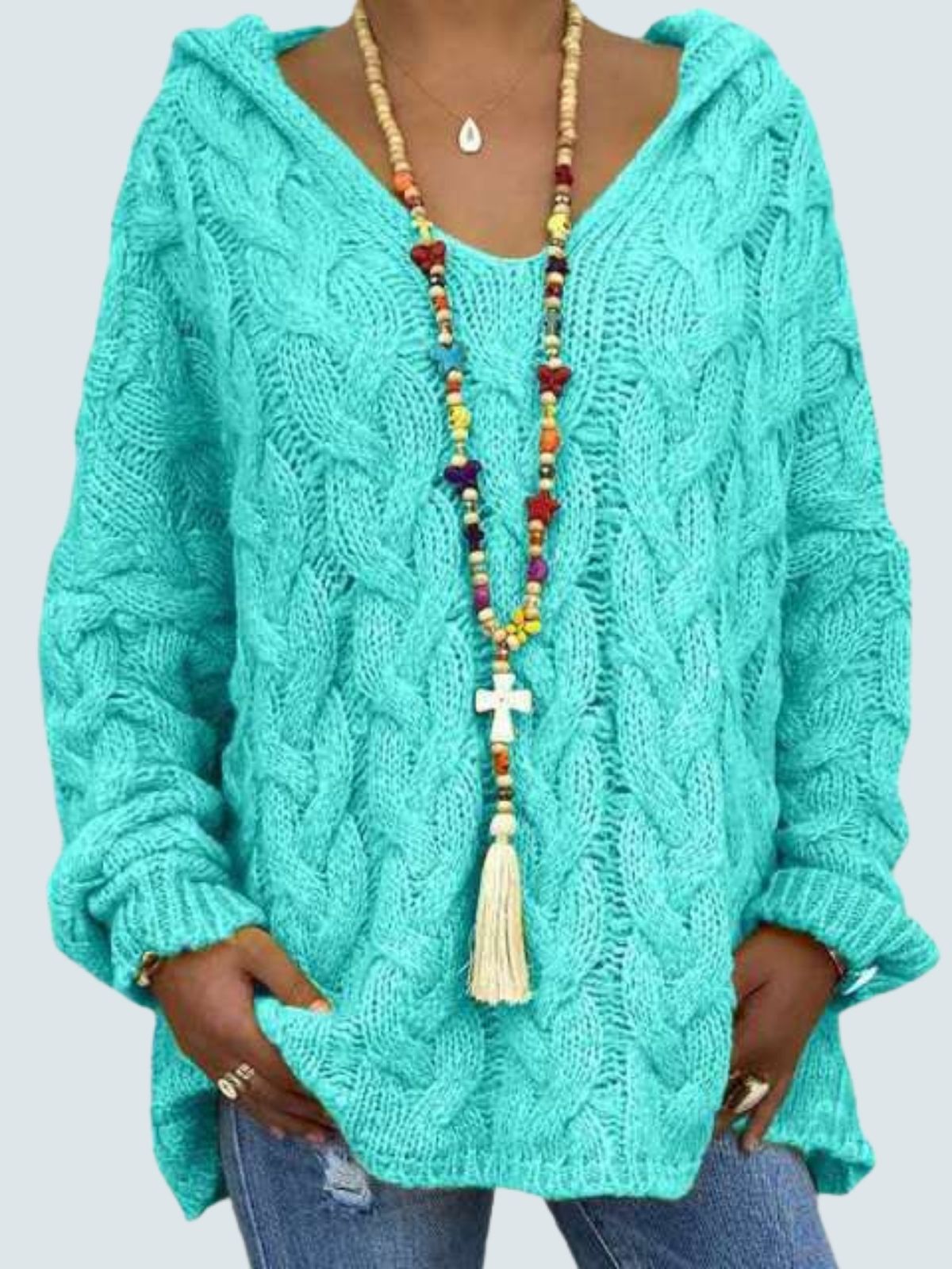 Women's Braid Knit Long Sleeve Hooded Sweater Turquoise
