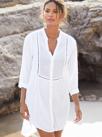 Women's White Button Down Hi Lo Swimsuit Cover Up