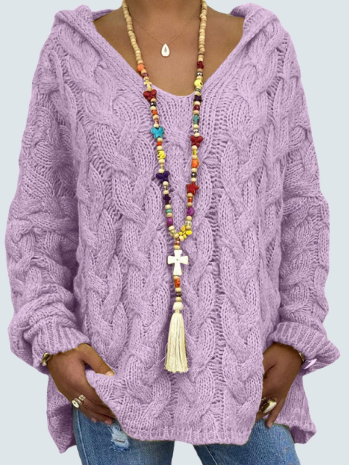 Women's Braid Knit Long Sleeve Hooded Sweater Lilac