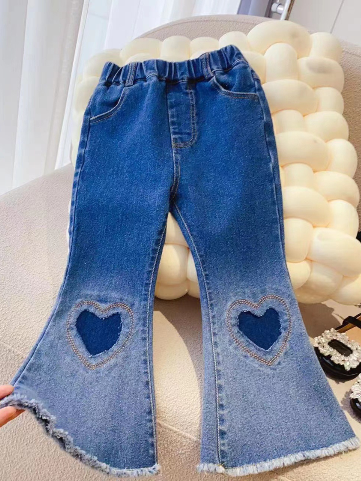 Mia Belle Girls Bell Bottom Frayed Jeans