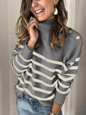 Women's Rivet Shoulder Striped Turtleneck Sweater Grey