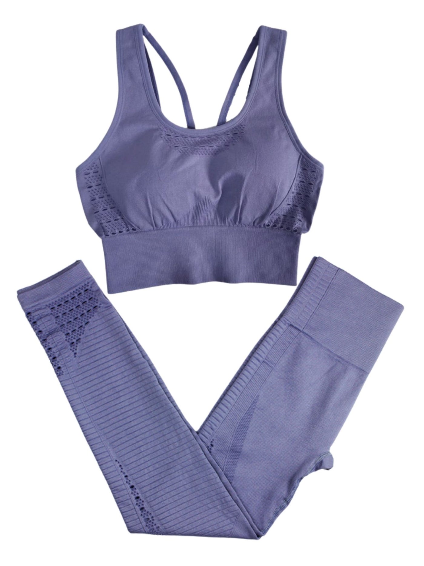 Womens Seamless Perforated Strappy Sports Bra with Matching Leggings Set - Lavender / S - Womens Activewear