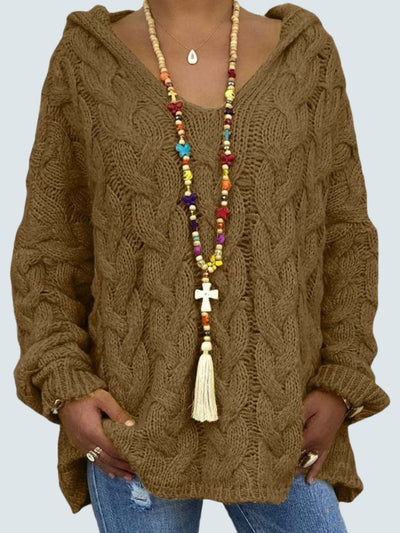 Women's Braid Knit Long Sleeve Hooded Sweater Brown