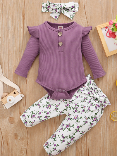Baby Fall Floral Fantasy Ribbed Long Sleeve Onesie and Legging Set Purple