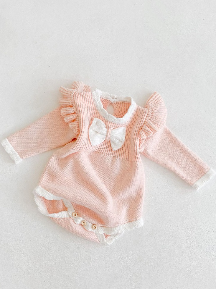Baby "You're the Knit Girl" Long Sleeve Bowknot Romper Onesie