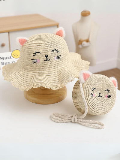 Mia Belle Girls Cat Ear Straw Hat Set | Girls Accessories