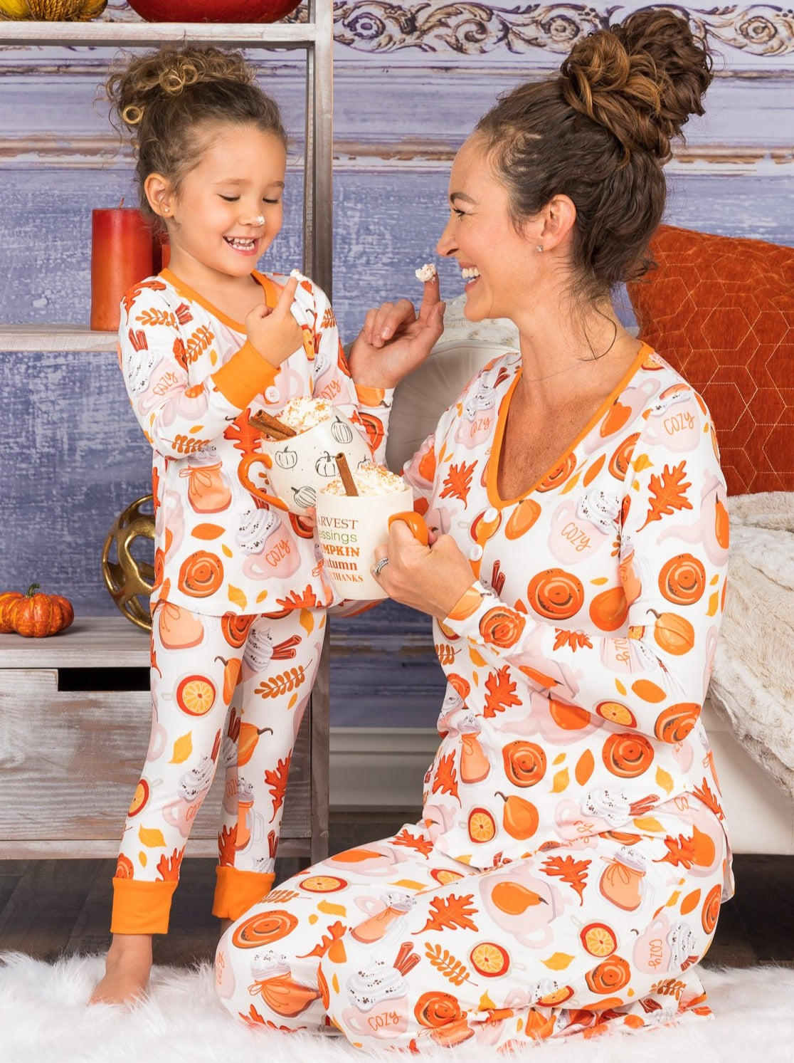 Mommy and Me Matching Fall Pajamas  Cozy Pumpkin Spice Pajama Set – Mia  Belle Girls