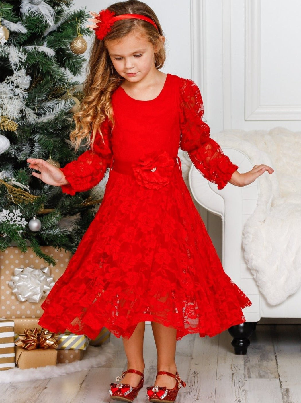 Christmas Dresses  Little Girls Lace Floral Winter Maxi Dress