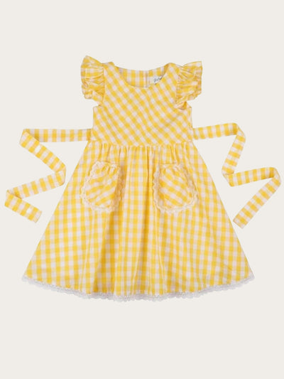 Girls Yellow Gingham Lace Hem Flutter Sleeve with Front Pocket Dress - Yellow / 2T - Girls Spring Casual Dress