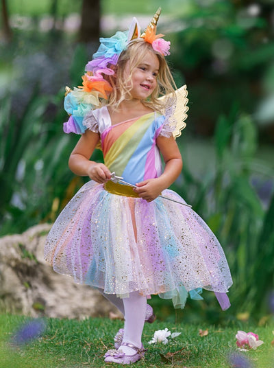 Kids Halloween Costumes | Girls Rainbow Unicorn Hi Lo Tutu Costume