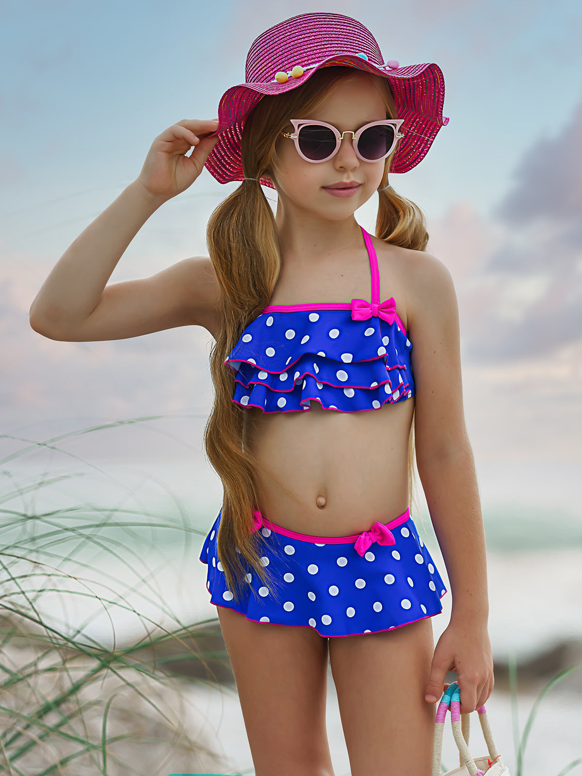 Toddler Two Piece Swimsuit | Girls Polka Dot Ruffle Skirted Swimsuit Blue / 4T/5Y