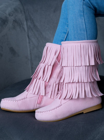 Girls Pink Suede Tiered Fringe Boots By Liv and Mia