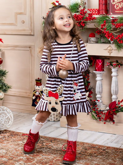 Cute Winter Sets | Girls Striped Reindeer Dress, Purse & Hair Bow Set