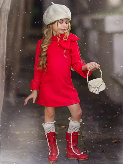 Little girls fall long-sleeve A-line dress with a wide turtle neck, large bow detail, and ruffled scuffs - Mia Belle Girls
