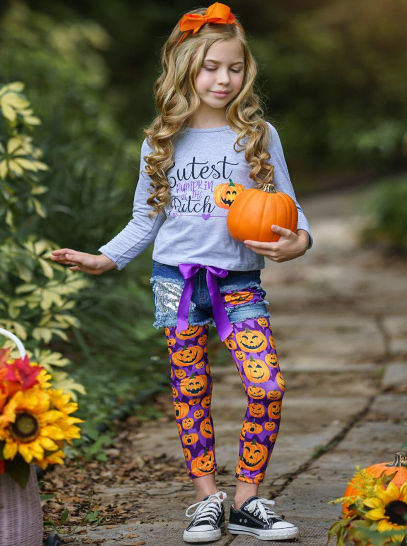 Cutest Pumpkin Patched Denim Shorts And Legging Set