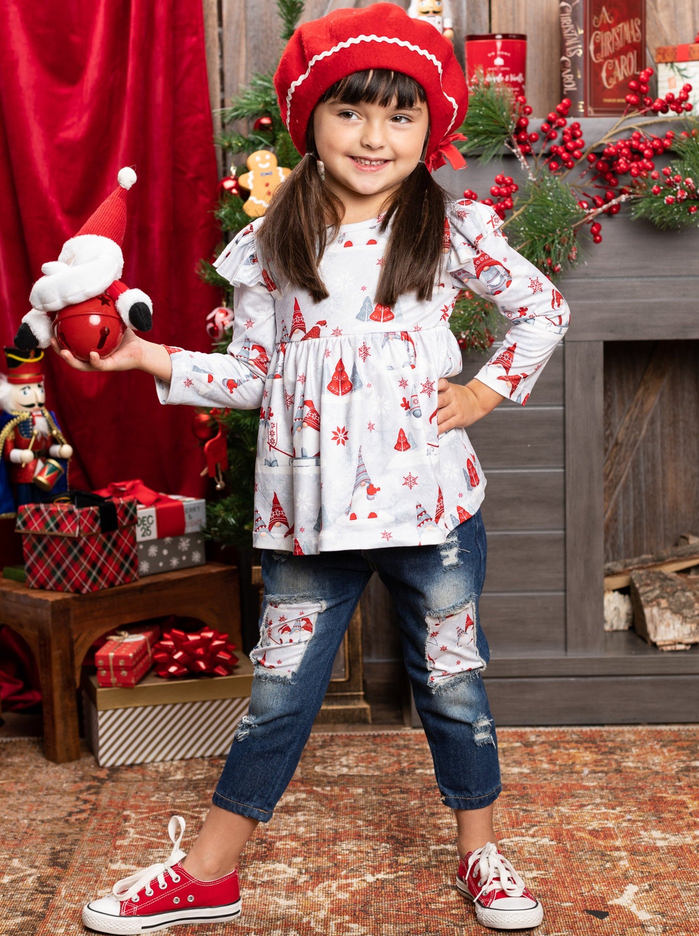 Cute Winter Sets | Girls Winter Gnomes Ruffle Top & Patched Jeans Set