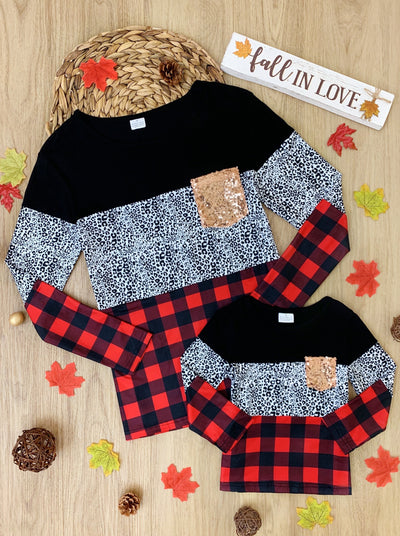 Mother-daughter matching Fall long-sleeve colorblock top with black, leopard print, and plaid print fabric and a gold sequin chest pocket - Mia Belle Girls
