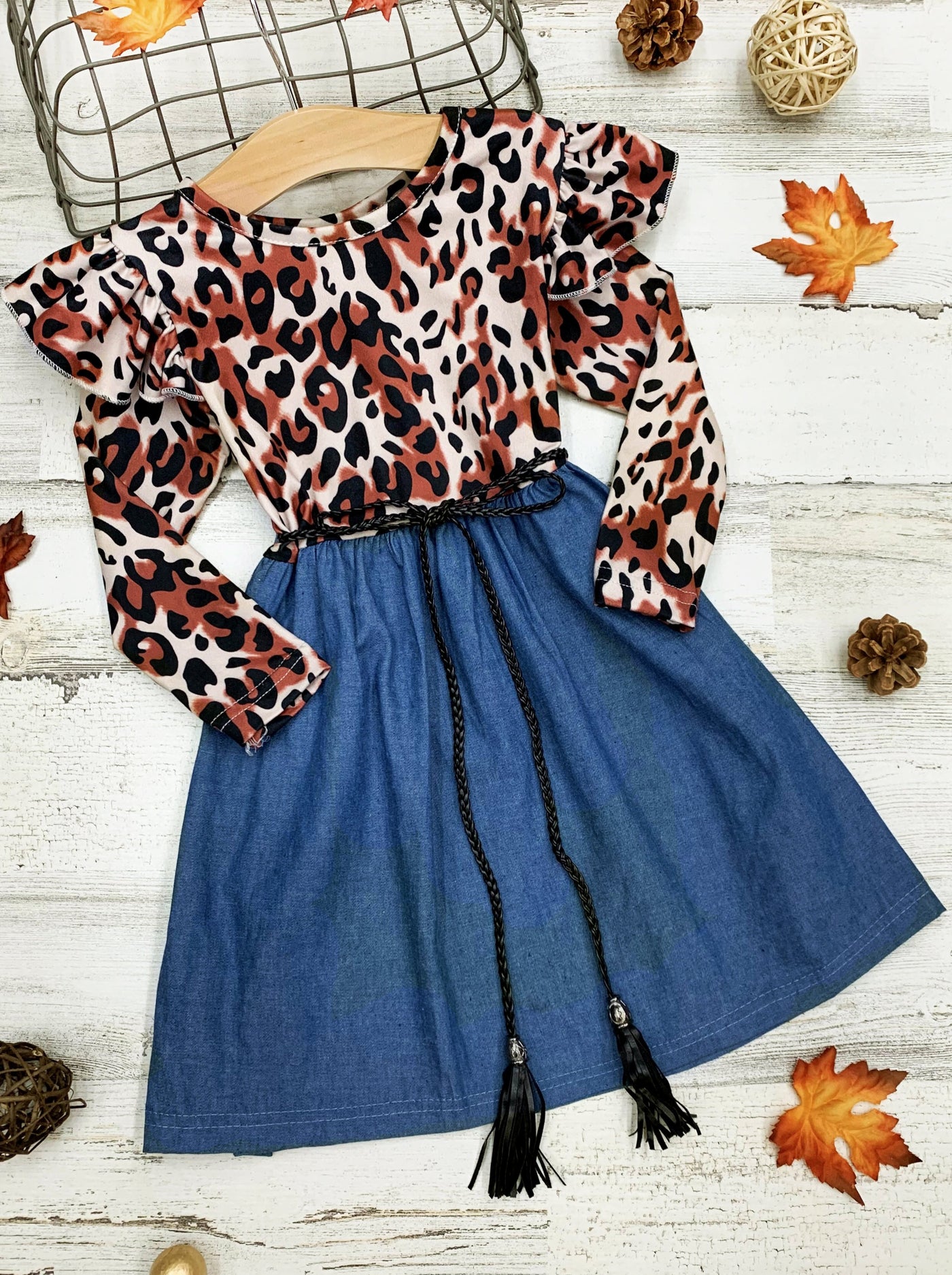 Girls Leopard Shoulder Ruffle  Denim Dress