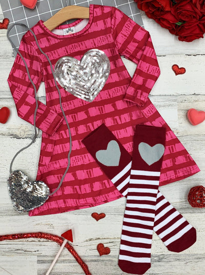 Kids Valentine's Day Dress | Girls Sequin Heart Dress, Purse & Socks Set