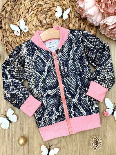 Kids Sweaters | Girls Snake Print Bomber Jacket | Mia Belle Girls