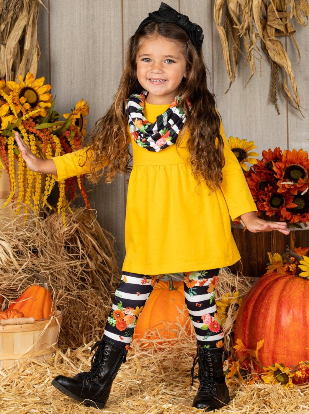 Cute Girls Fall Outfits  Floral Striped Tunic, Leggings & Scarf