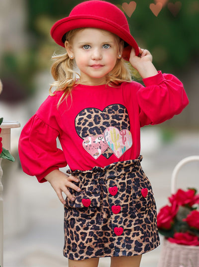 Kids Valentine's Clothes | Girls Heart Top & Leopard Print Skirt Set