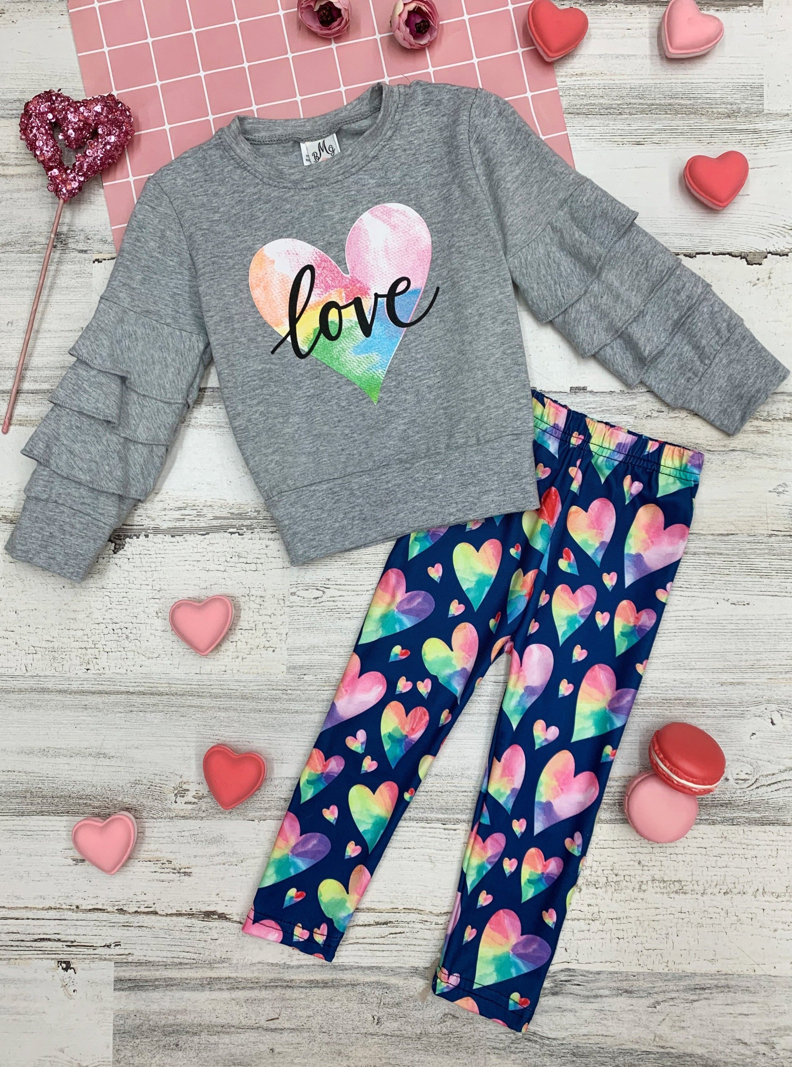 Girls Valentine's Clothes  Rainbow Love Ruffle Top & Legging Set – Mia  Belle Girls