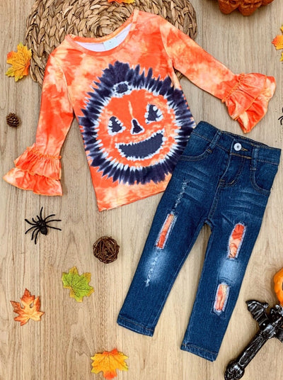 Girls Halloween Pumpkin Top & Patched Jeans Set - Mia Belle Girls