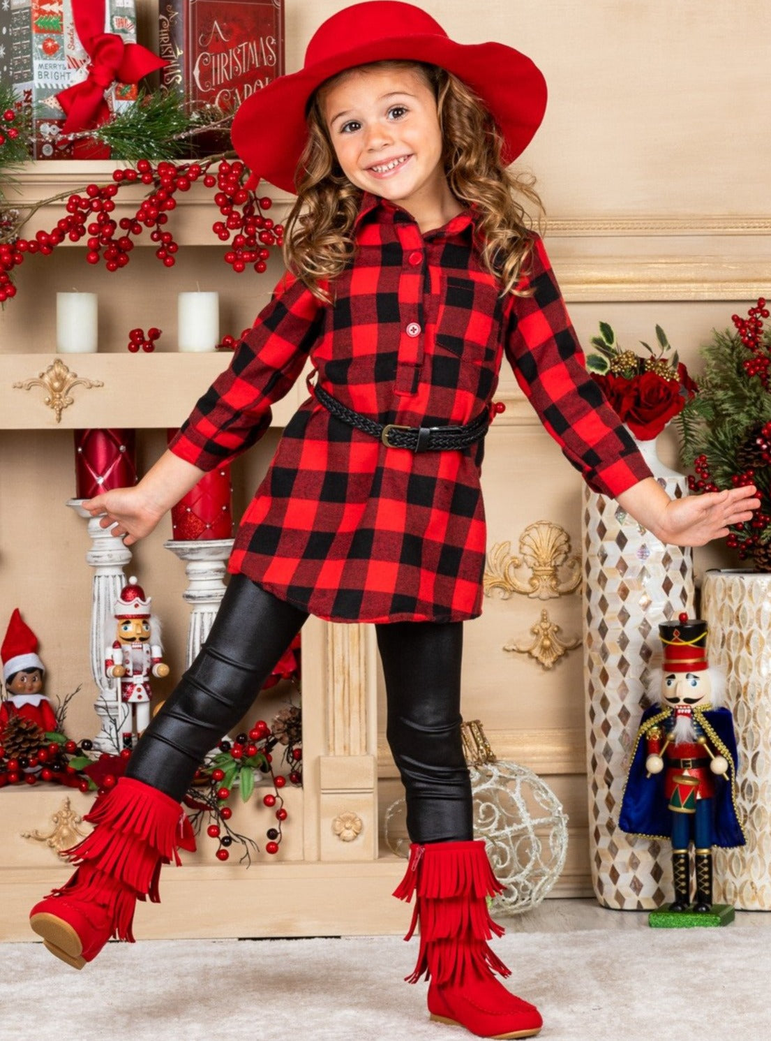 Yes, Plaid Belted Blouse And Legging Set