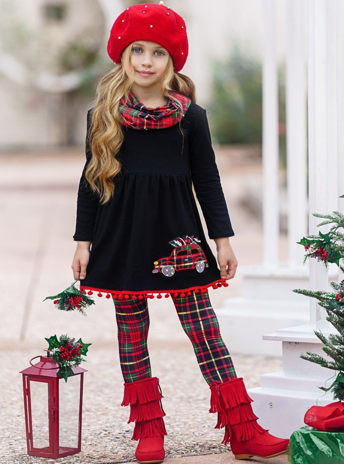 Cute Winter Sets  Girls Christmas Tunic, Plaid Scarf & Legging Set – Mia  Belle Girls