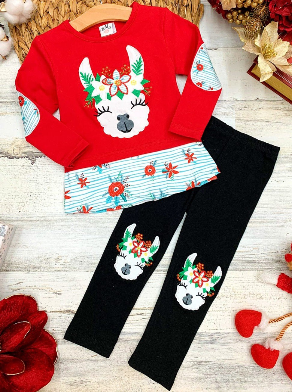 Cute Winter Sets  Girls Llama Poinsettias Top & Patched Leggings Set – Mia  Belle Girls