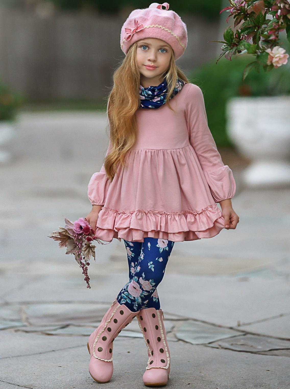Bloom Like Me Ruffle Tunic, Floral Leggings And Scarf Set