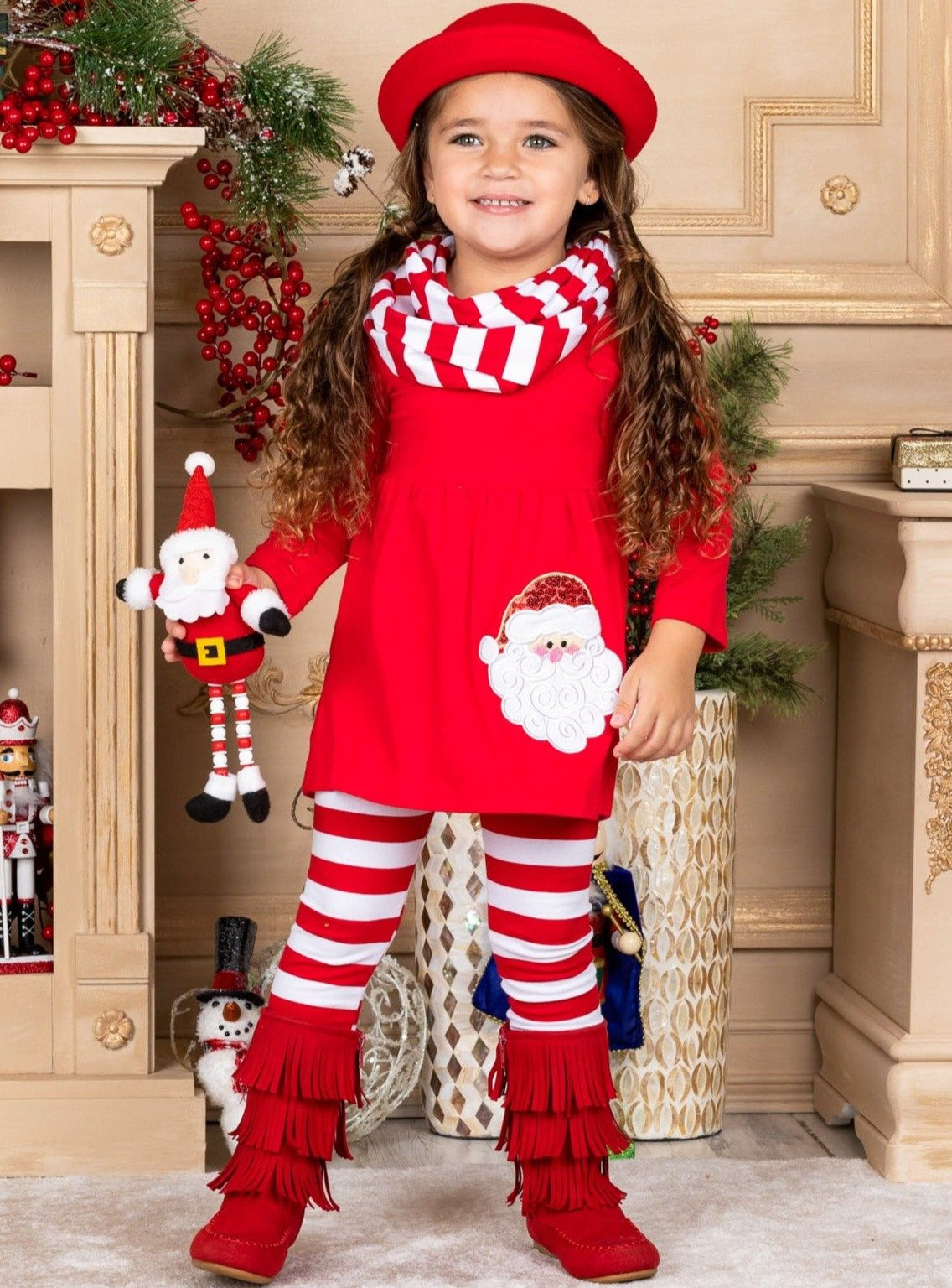 Toddler Christmas Outfits  Striped Santa Tunic, Legging & Scarf Set – Mia  Belle Girls