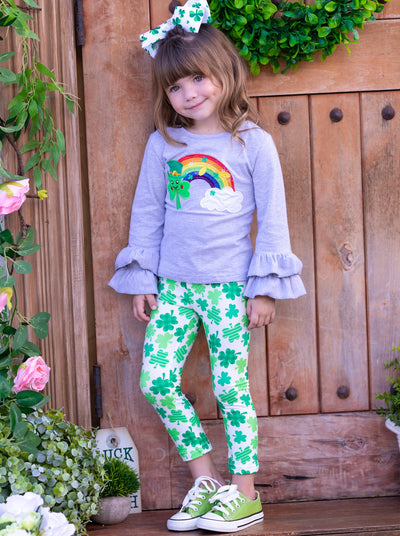 St. Patrick's Day Clothes | Girls Rainbow Top & Clover Legging Set
